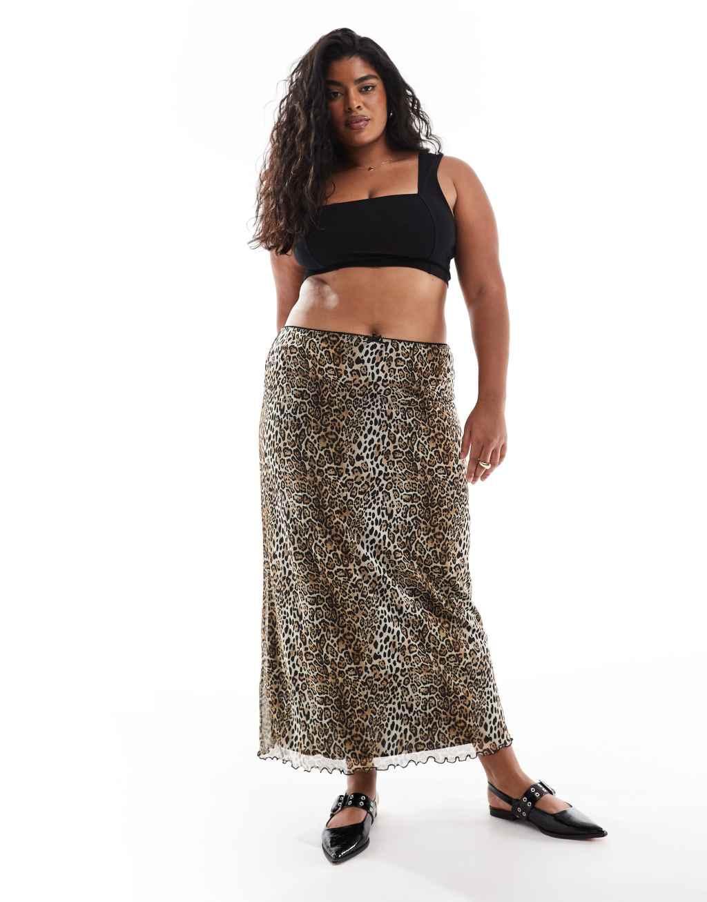 ASOS DESIGN Curve mesh midi skirt in leopard print Product Image