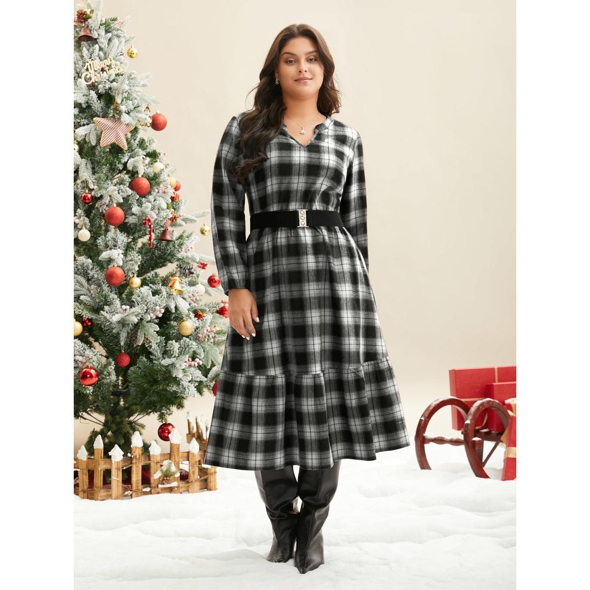 Plus Size Plaid Notched Collar Elastic Waist Midi Dress BlackFlower Women Casual Non Party Curvy Bloomchic 28/5X Product Image