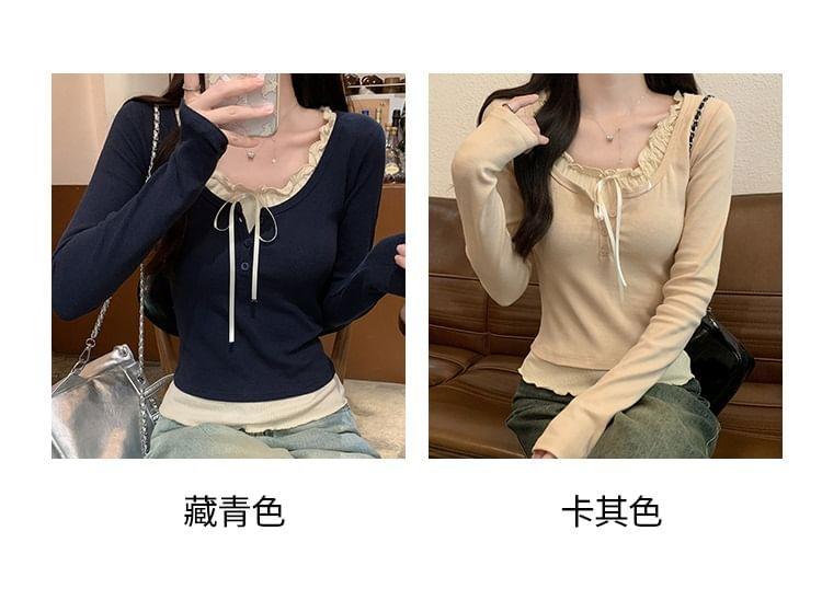 Mock Two-Piece Long-Sleeve Scoop Neck Two Tone Slim Fit T-Shirt Product Image