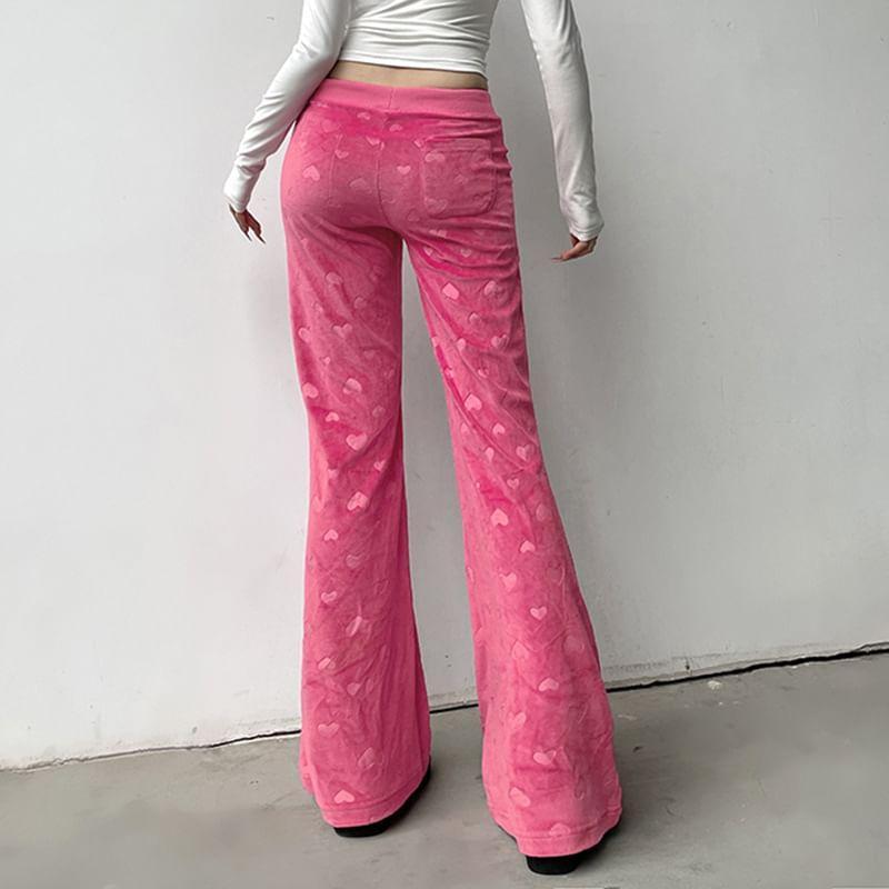 Low Waist Heart Print Velvet Straight-Fit Wide-Leg Pants Product Image