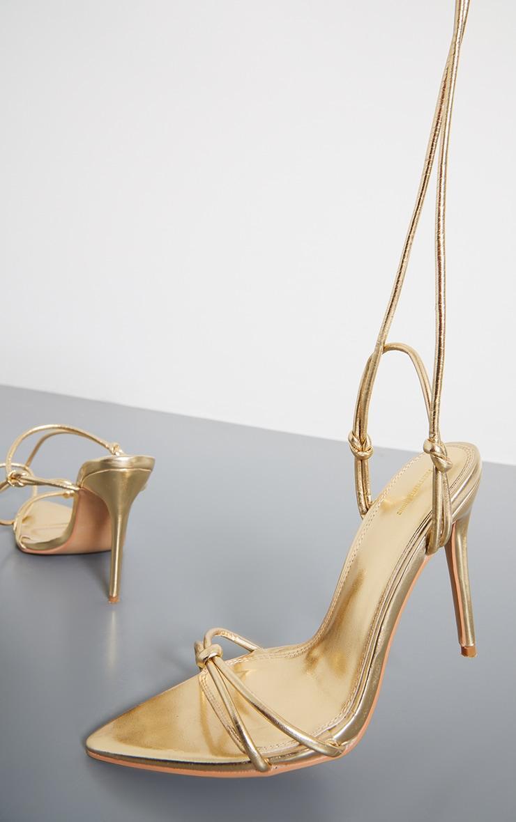 Gold PU Point Toe Metallic Strappy Lace Up Heeled Sandals Product Image