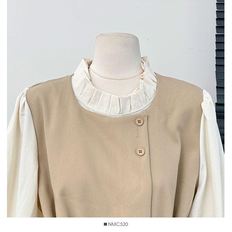 Colorblock Mock Two-Piece Loose Blouse with Sash Product Image
