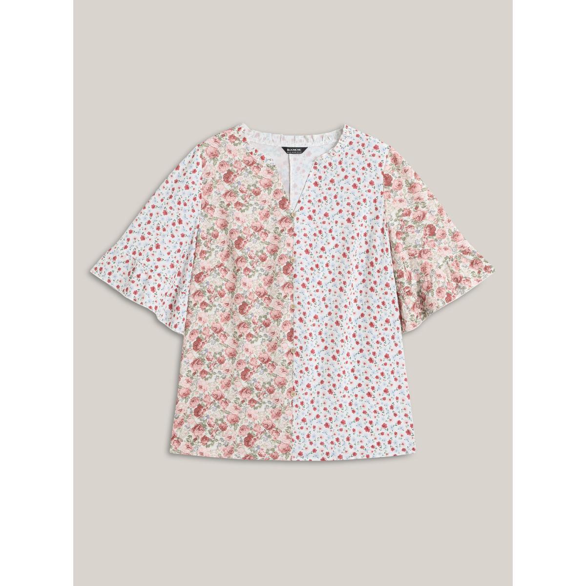 Plus Size Lightpink Floral Contrast Print Button Detail Blouse Women Half Sleeve Notched collar Everyday-Elegant Blouses BloomChic 12/L Product Image