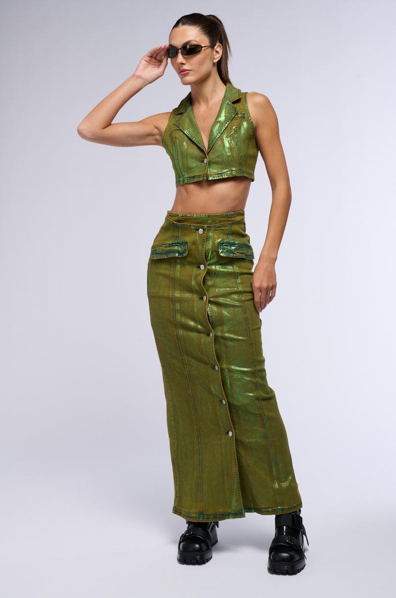 SHES GLOWING METALLIC DENIM HALTER TOP Product Image