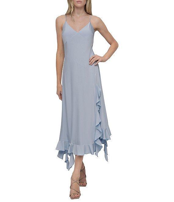 DKNY by Donna Karan Silky Jersey V Neck Sleeveless Ruffle Slip Dress Product Image