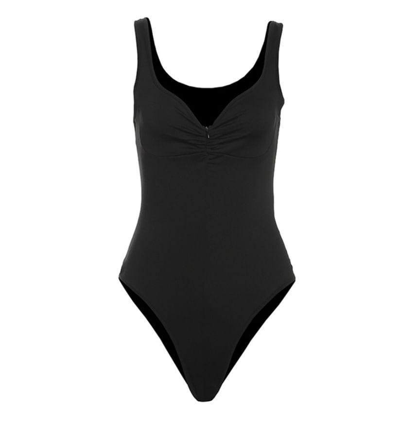 Sleeveless V-Neck Plain Ruched Zip Bodysuit Top Product Image