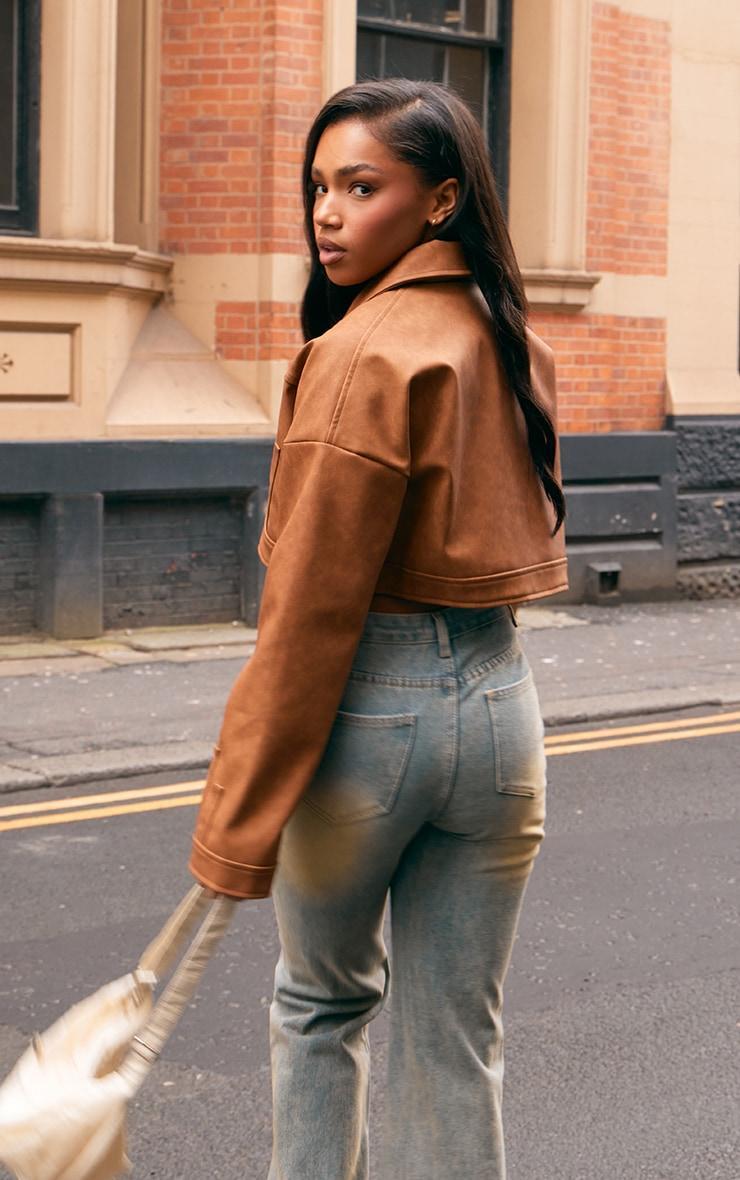 Brown Faux Leather Western Detail Curved Hem Jacket Product Image