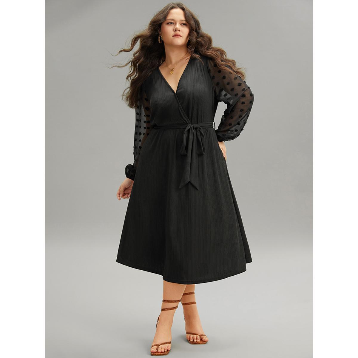 Plus Size Polka Dot Chiffon Mesh Patchwork Wrap Dress Black Women Elegant Elastic cuffs Overlap Collar Long Sleeve Curvy Midi Dress BloomChic 10/M Product Image
