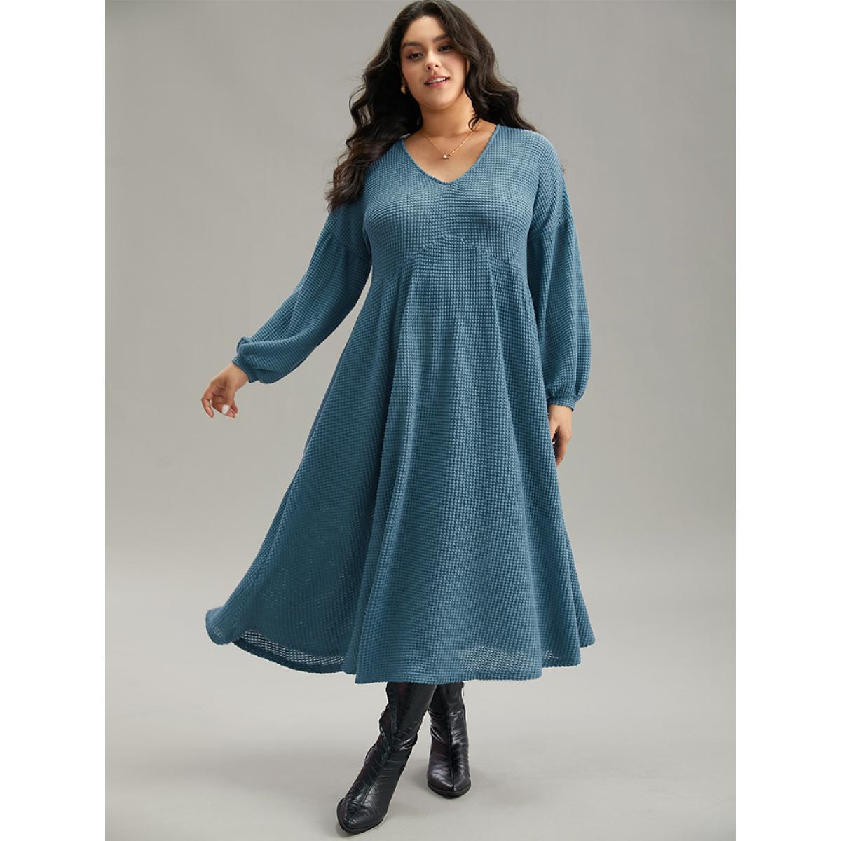 Plus Size Solid Waffle Knit Pocket Lantern Sleeve Dress Aegean Women Casual Texture V-neck Long Sleeve Curvy Midi Dress BloomChic 26/4X Product Image