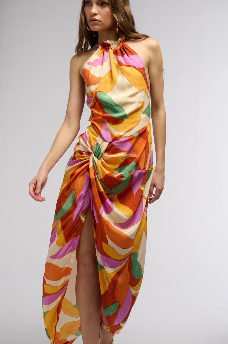 BOTANICAL BEAUTY PRINTED MIDI DRESS IN ORANGE MULTI Product Image
