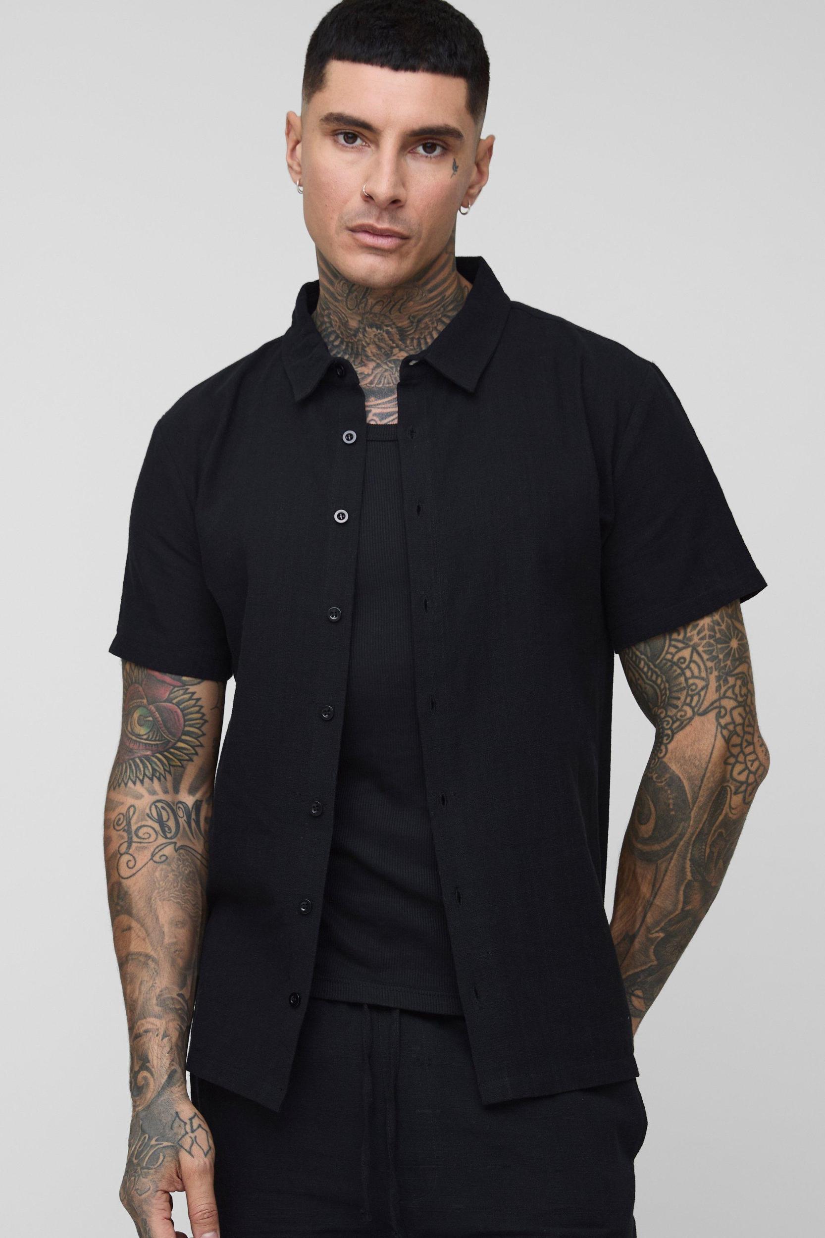 Mens Tall Linen Regular Fit Short Sleeve Shirt - Black Product Image