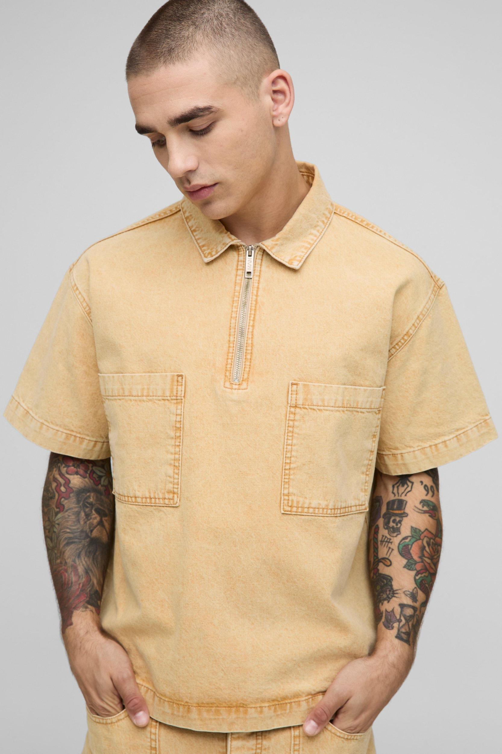 Boxy Short Sleeve 1/4 Zip Tinted Denim Shirt | boohooMAN USA Product Image