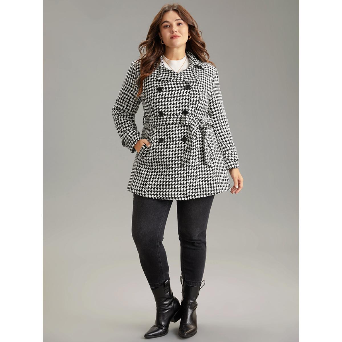 Plus Size Houndstooth Double Breasted Belted Coat Women Black Casual Lined Ladies Dailywear Winter Coats BloomChic 28/5X Product Image