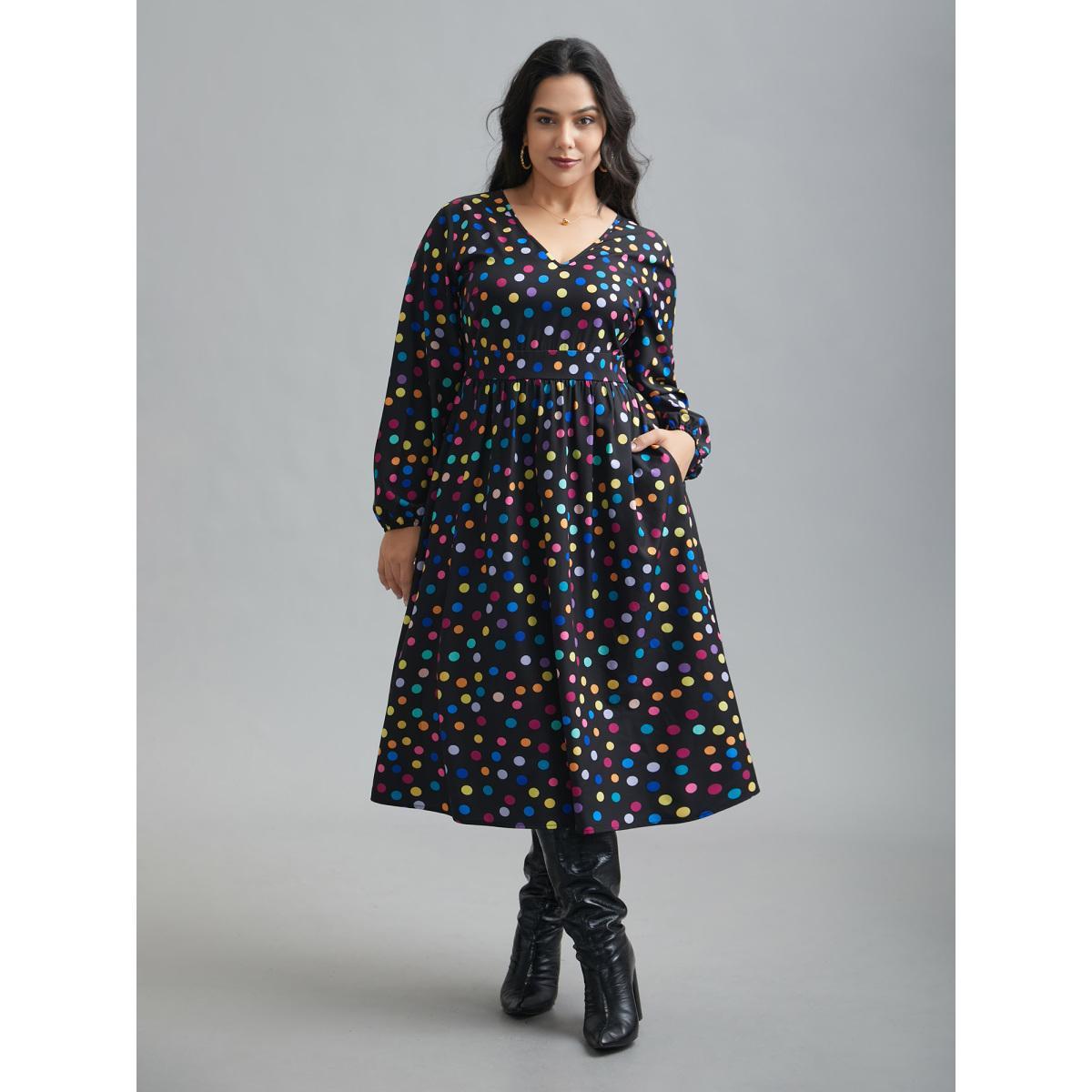 Plus Size Multi-Color Polka Dot Stretchy-Waist Dress Black Women Elegant Non V-neck Long Sleeve Curvy BloomChic 22-24/3X Product Image