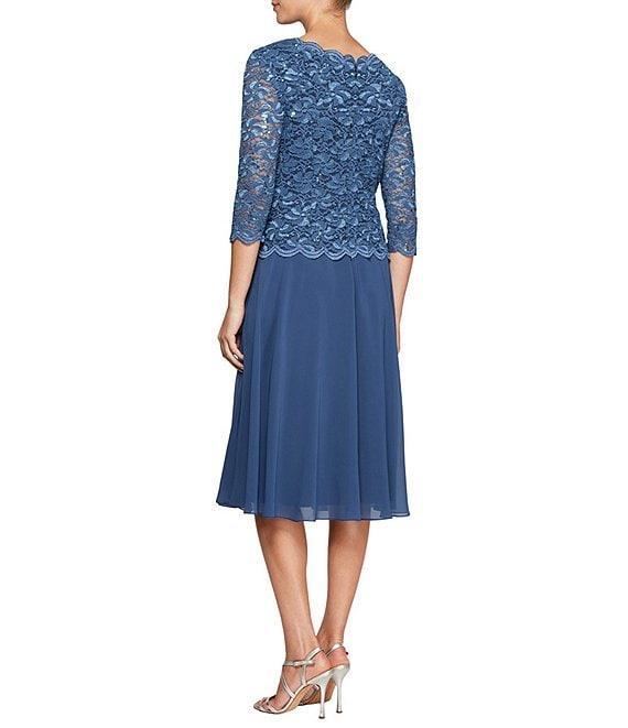 Alex Evenings Petite Size Scalloped Round Neck Sequin Lace Bodice 3/4 Sleeve Chiffon Skirted Tea Length Dress Product Image