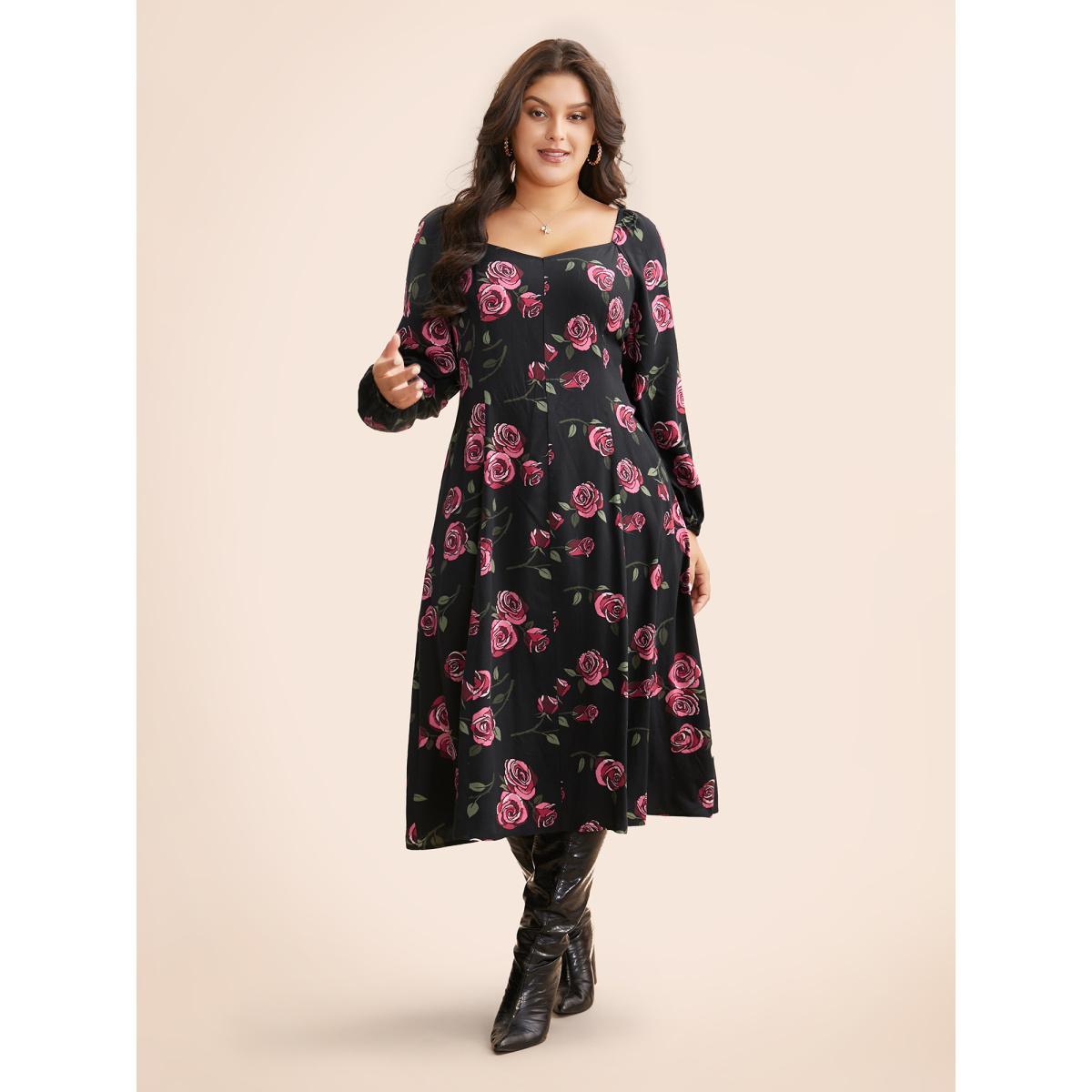 Plus Size Floral Heart Neckline Cross Straps Dress Black Women Elegant Cross straps Heart neckline Long Sleeve Curvy BloomChic 26/4X Product Image