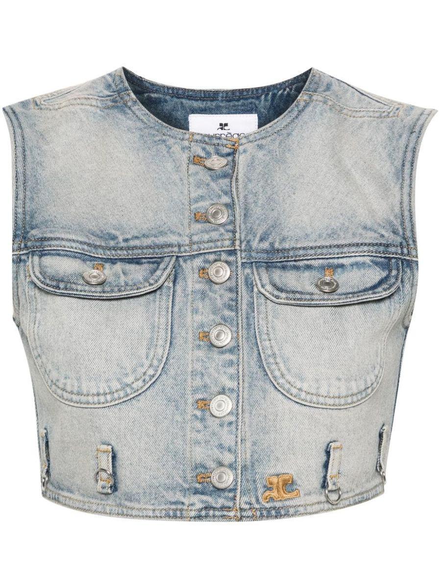 COURRÈGES Cropped Denim Vest Belt Loops In Light Blue Wash Product Image