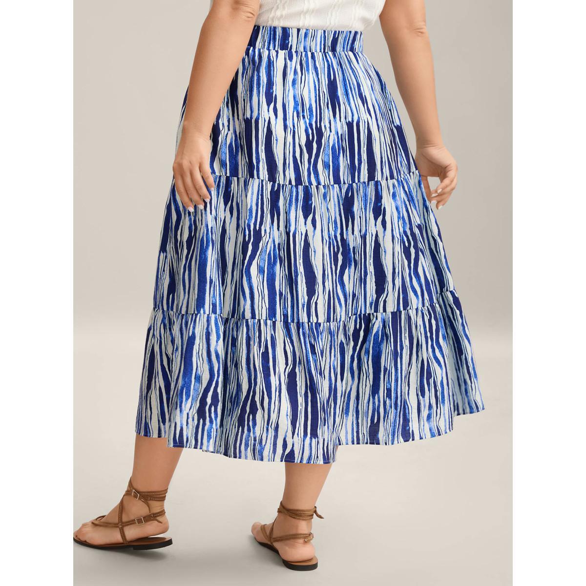 Plus Size Nautical Stripes Belted Tiered Maxi Skirt Women Navy Loose No stretch Side seam pocket Belt Vacation Skirts BloomChic 26/4X Product Image