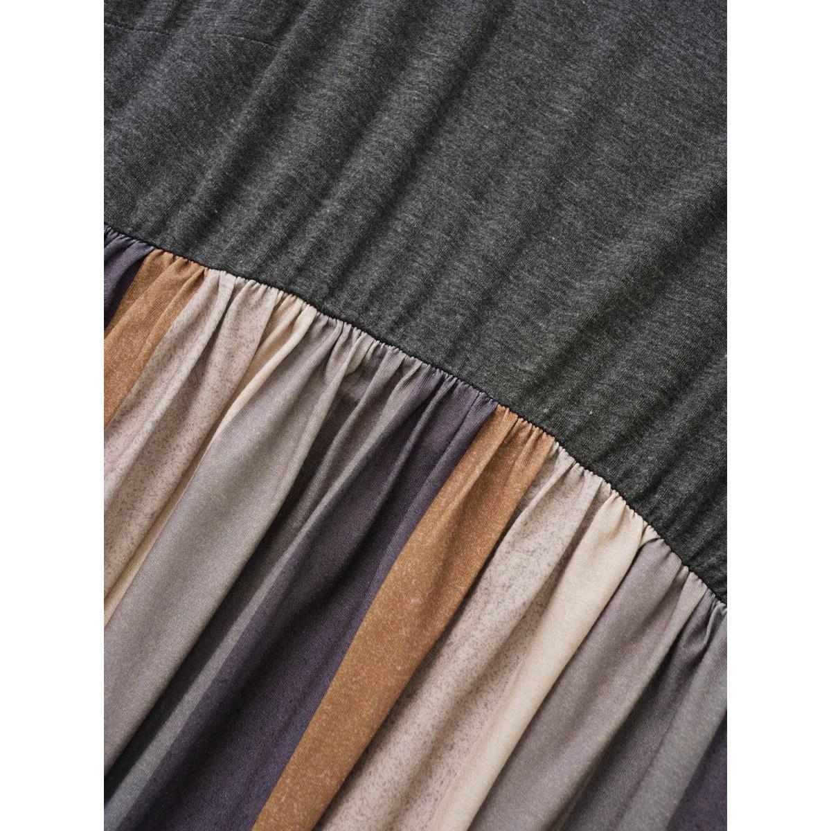 Plus Size Solid Patchwork Pocket Striped Flutter Hem Dress DimGray Women Casual Non Round Neck Elbow-length sleeve Curvy Midi Dress BloomChic 30/6X Product Image