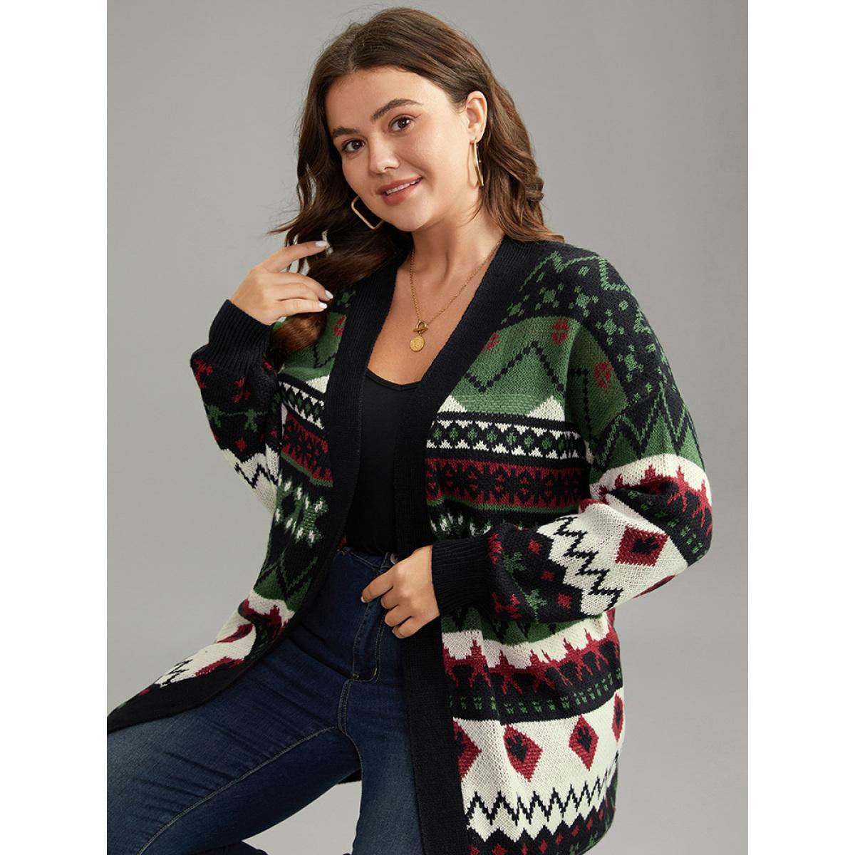 Plus Size Christmas Graphic Open Front Tunic Cardigan Multicolor Women Casual Loose Long Sleeve Dailywear Cardigans BloomChic 14-16/1X Product Image