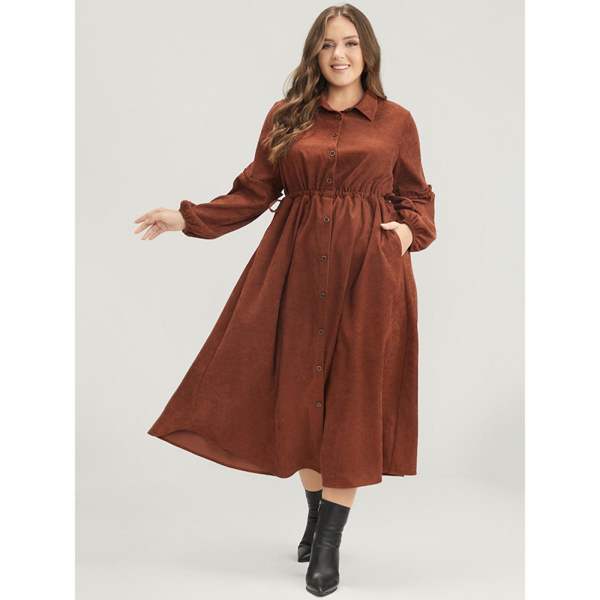 Plus Size Solid Drawstring Pocket Button Detail Shirt Collar Corduroy Dress Brown Women Office Drawstring Shirt collar Long Sleeve Curvy Midi Dress BloomChic 26/4X Product Image