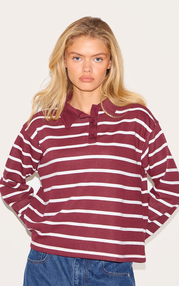 Burgundy Striped Cotton Long Sleeve Collared T Shirt Product Image