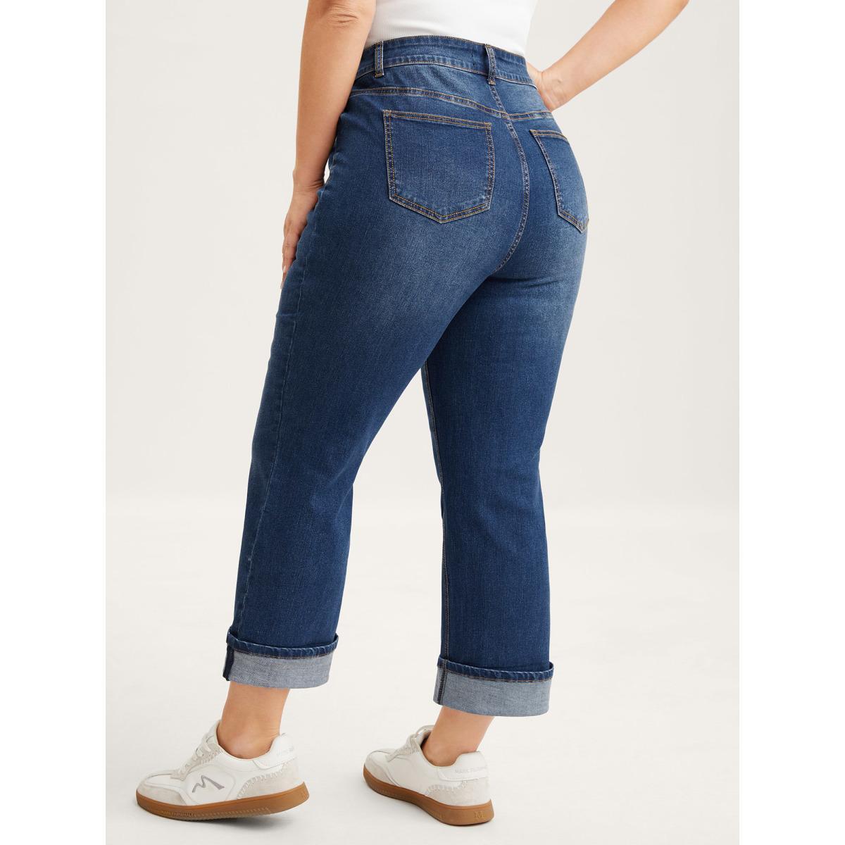 Plus Size Stretch Rolled Hem Straight-Leg Jeans Women Denimblue High stretch Slanted pocket Jeans BloomChic 18/2X Product Image
