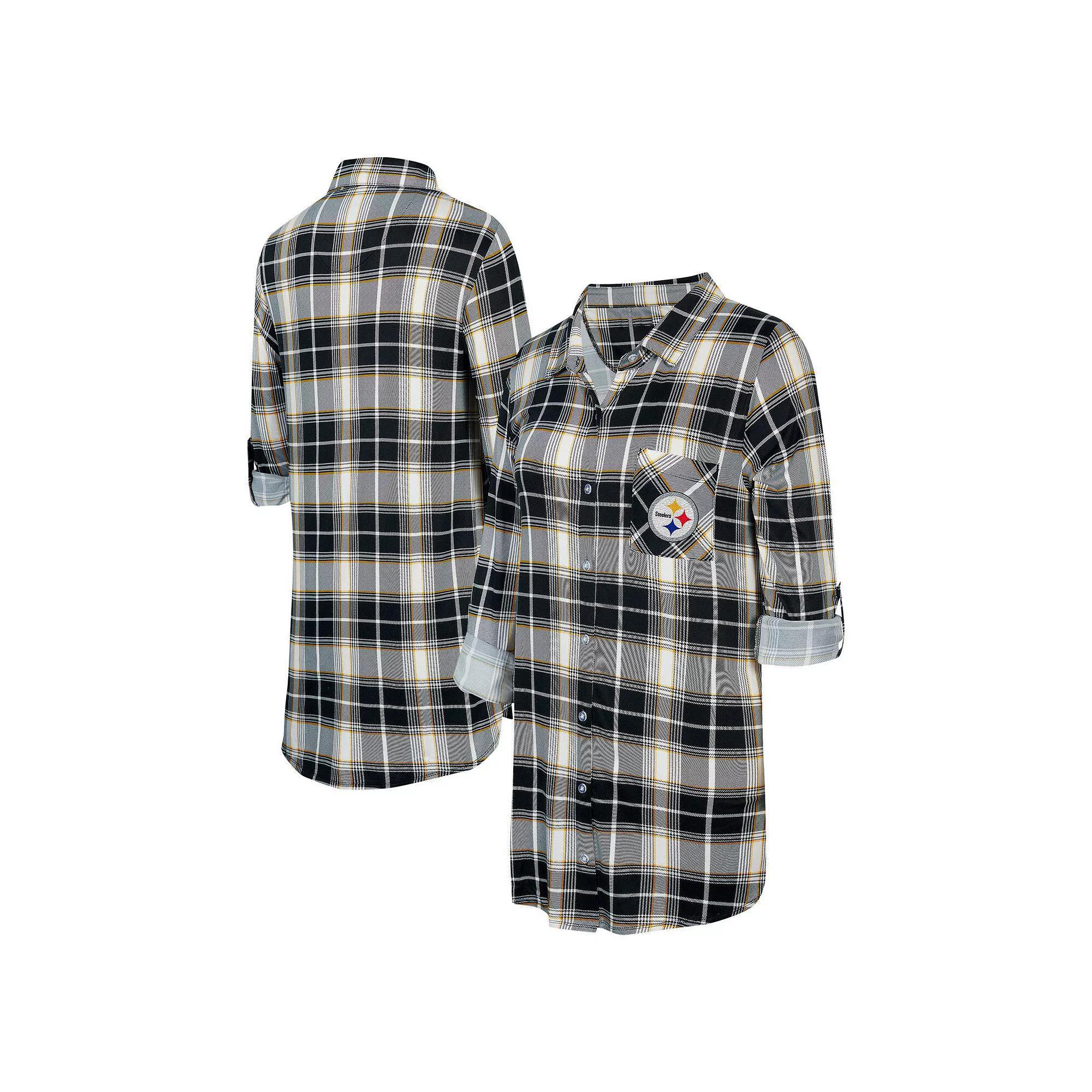 Women's Concepts Sport Black Pittsburgh Steelers Ashford Plaid Knit Nightshirt, Size: 2XL Product Image