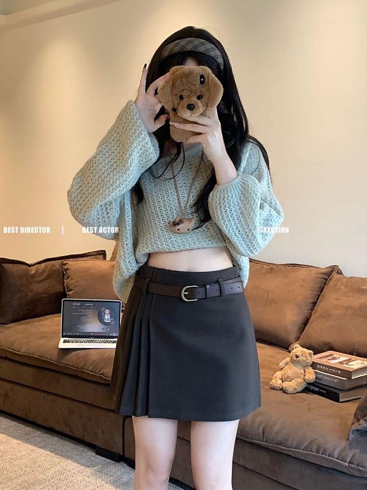 Set: High Waist Plain Pleated Mini A-Line Skirt + Belt Product Image