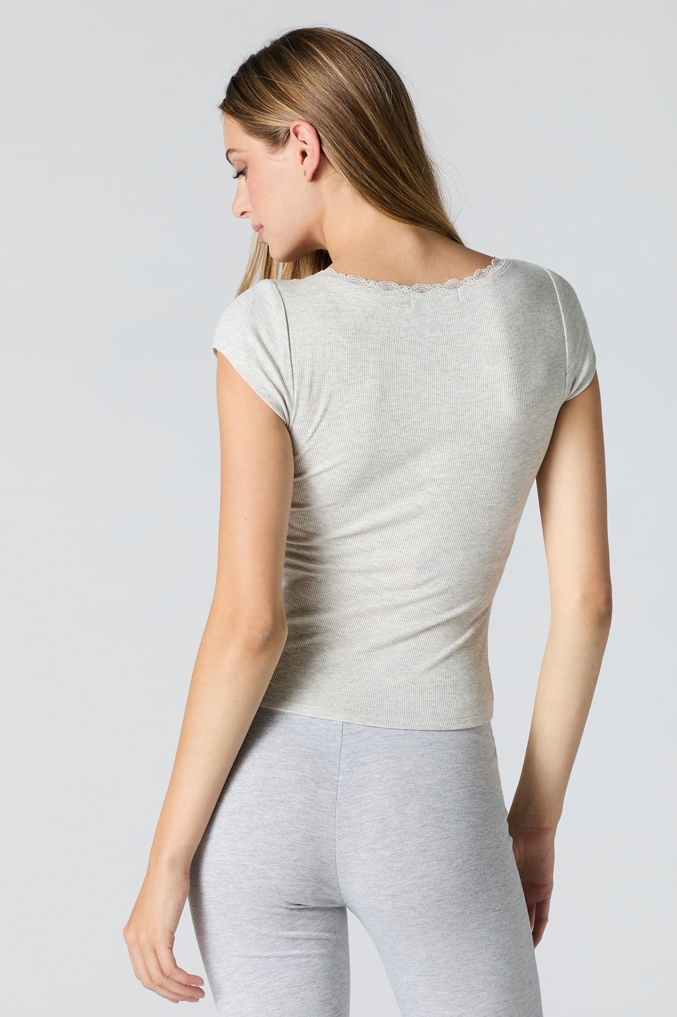 Ribbed Lace Trim Scoop Neck T-Shirt Female Product Image
