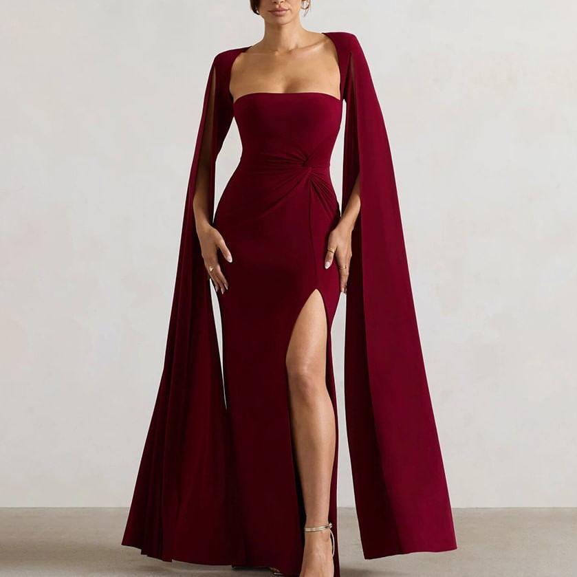 Slit-Sleeve Plain Maxi A-Line Dress Product Image