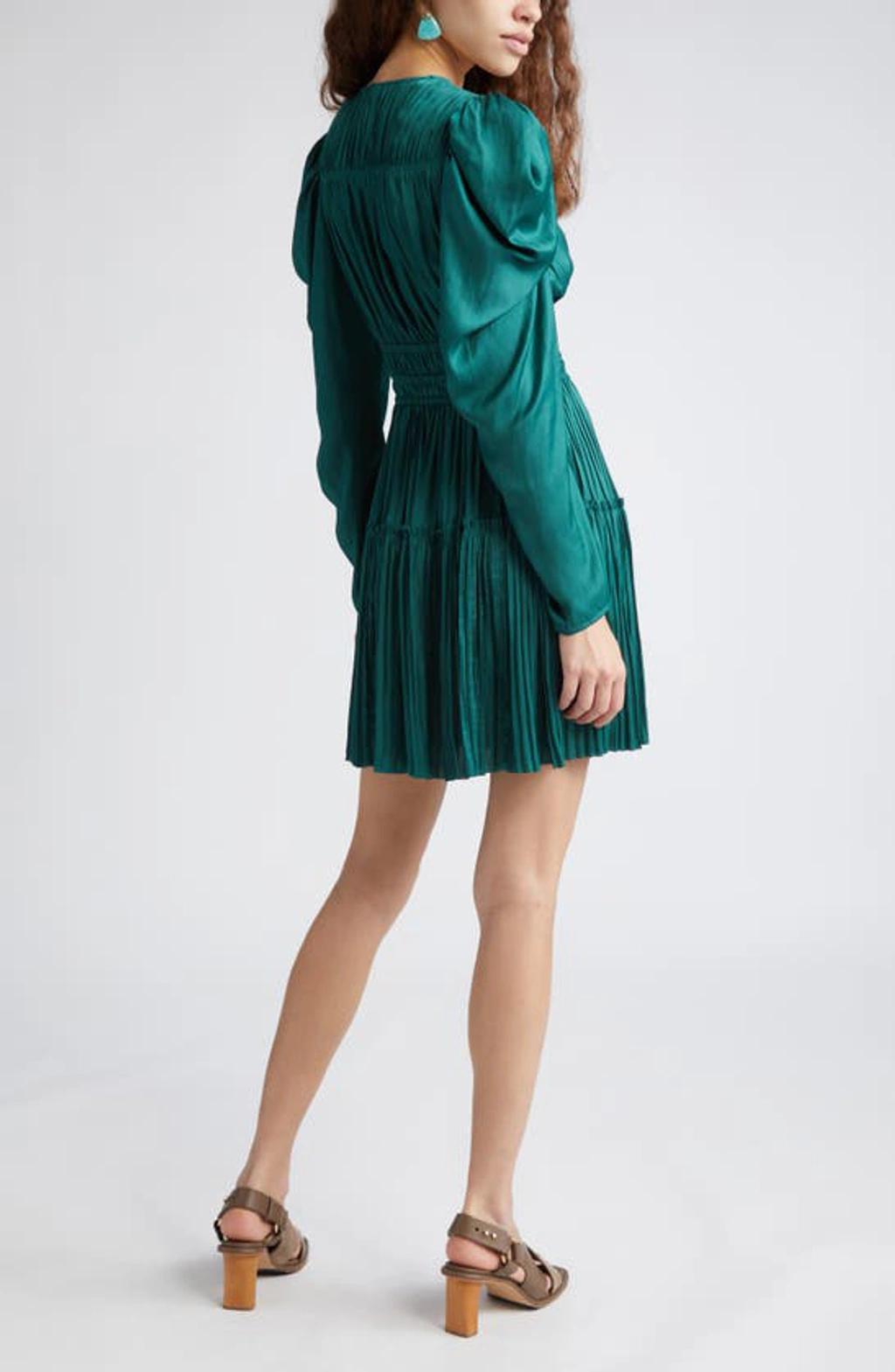Lu Puff-sleeve Pleated Satin Mini Dress In Green Product Image