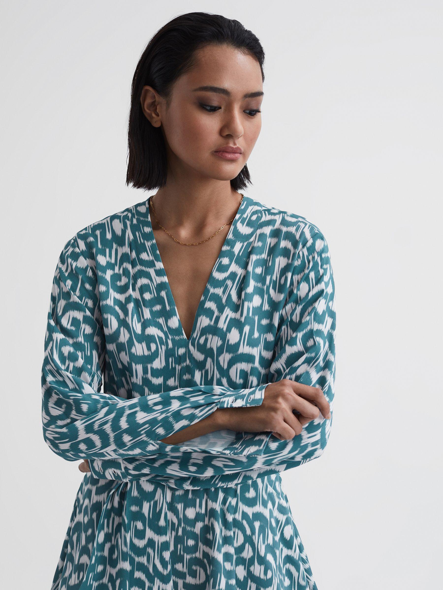 Belted V-Neck Long Sleeve Dress in Teal/White Product Image