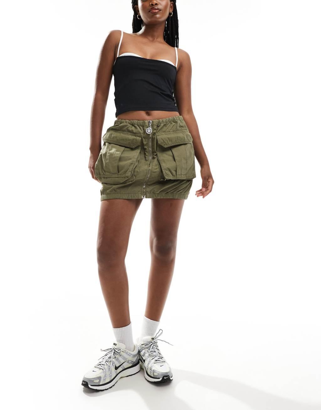 HUGO Blue utility zip up mini skirt in khaki Product Image