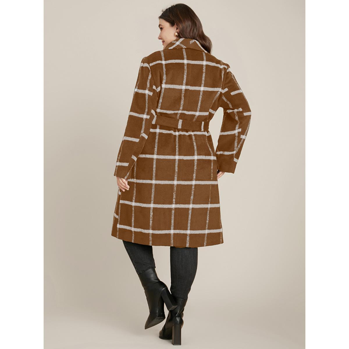 Plus Size Plaid Lapel Collar Belted Pocket Coat Women Bronze Elegant Belted Ladies Dailywear Winter Coats BloomChic 28/5X Product Image