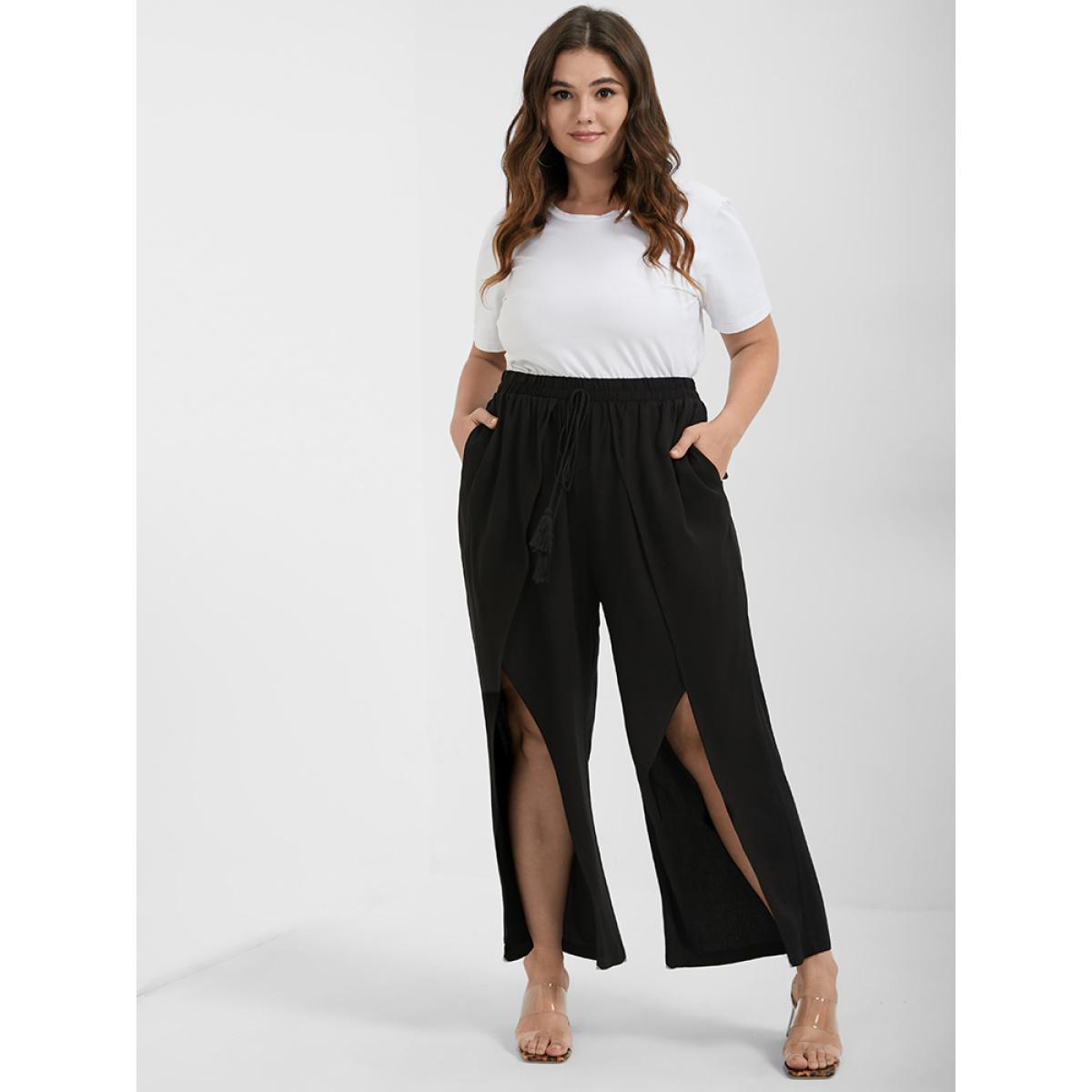 Plus Size Solid Wrap Split Pocket Knot Waist Pants Women Black Casual Wide Leg High Rise Dailywear Pants BloomChic 30/6X Product Image