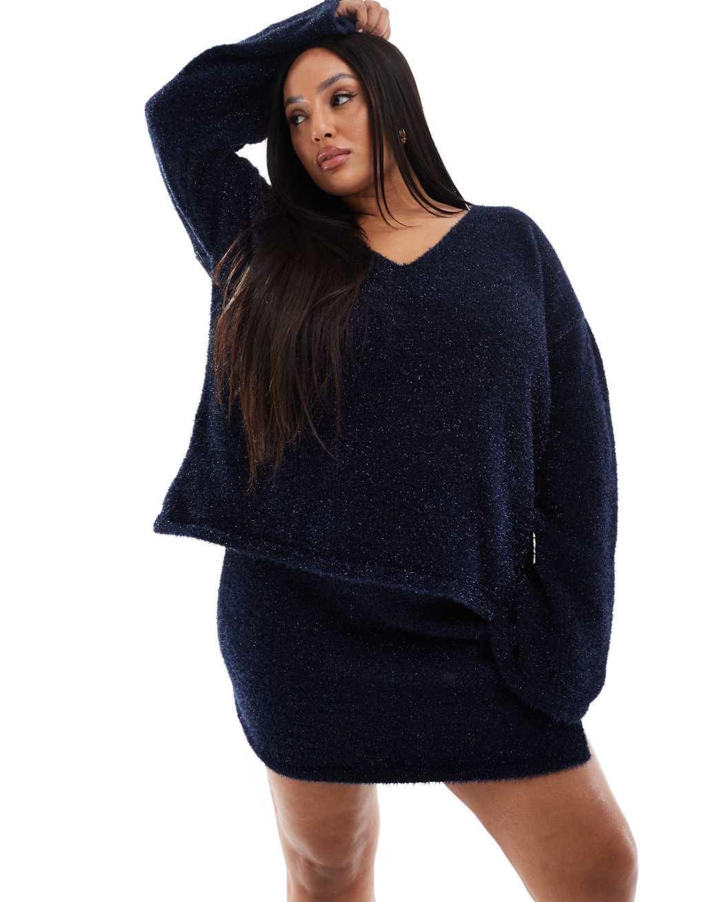 4th & Reckless Plus metallic tinsel V-neck sweater in navy - part of a set Product Image