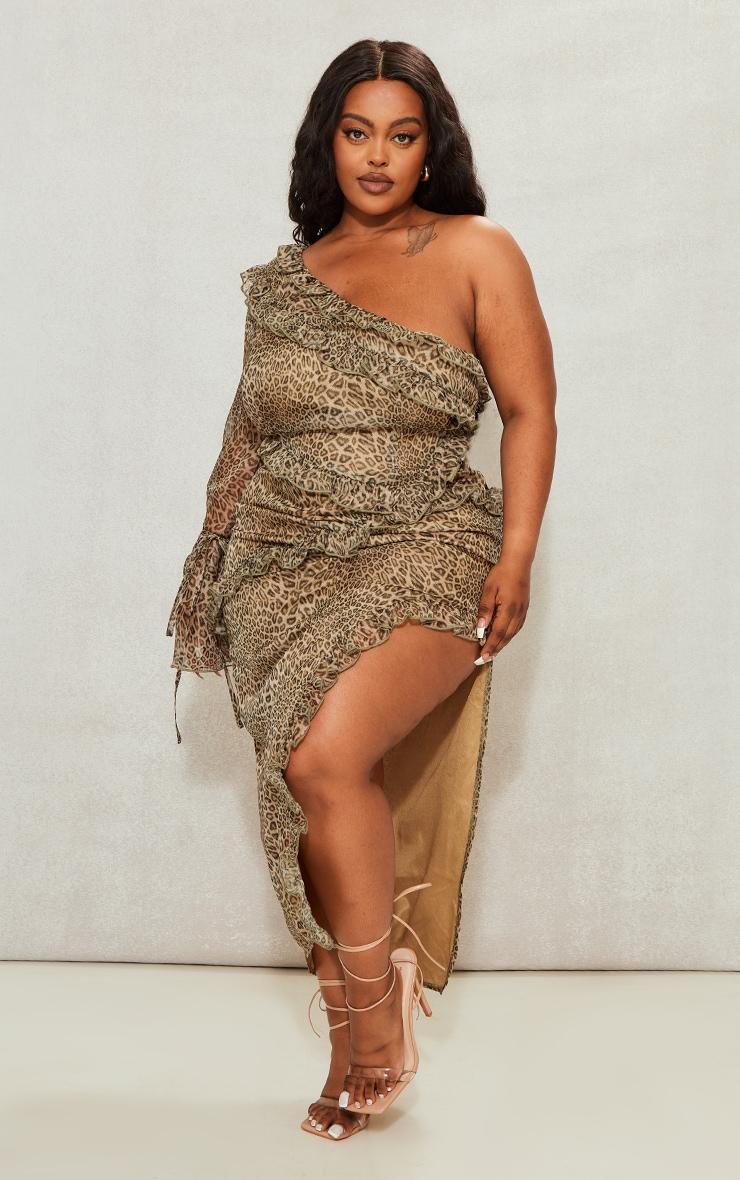 Plus Brown Leopard Ruffle One Shoulder Midi Dress Product Image