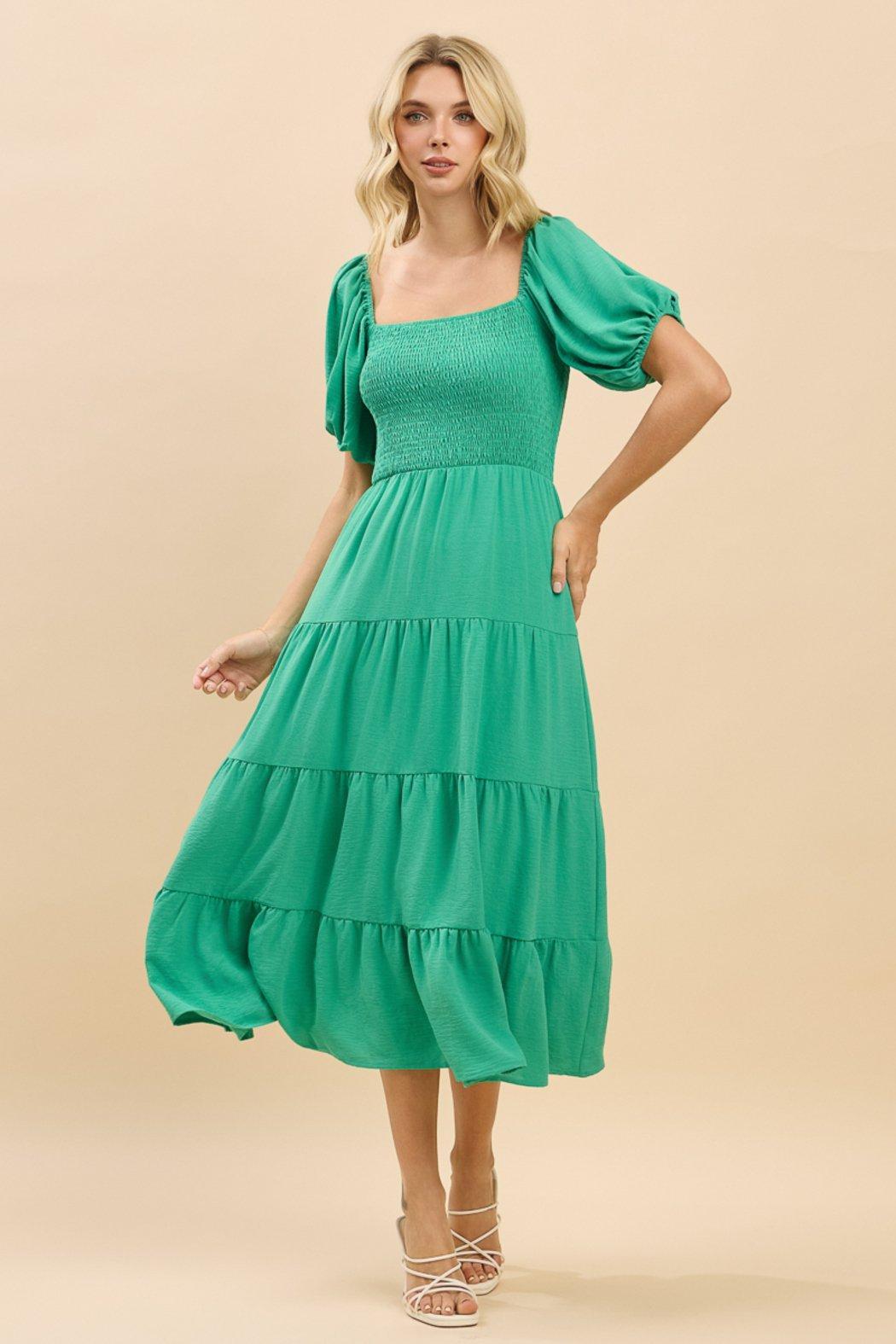 Willow Smocked Puff Sleeve Tiered Midi Dress Product Image