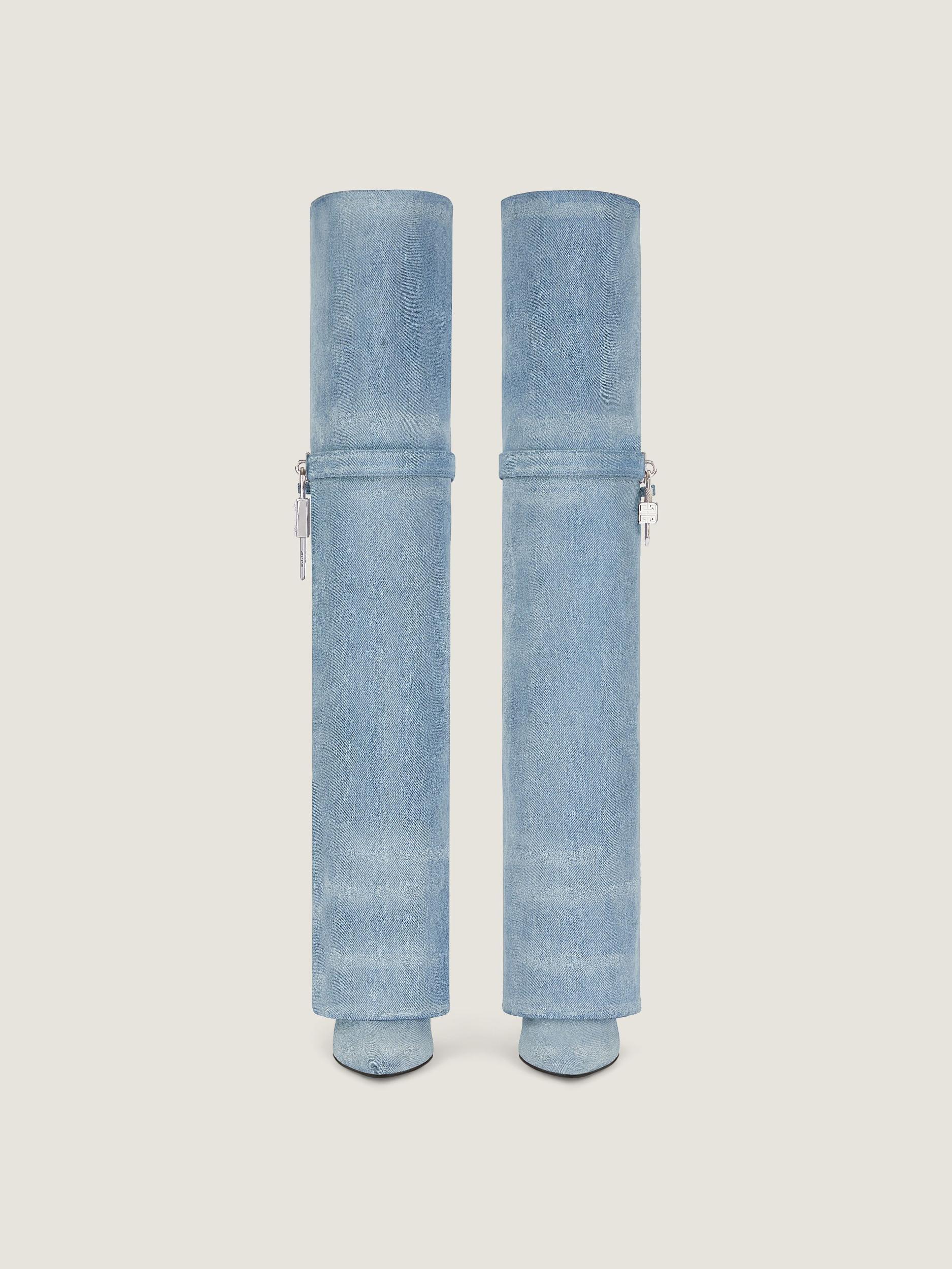 Shark Lock Stiletto over-the-knee boots in washed denim Product Image