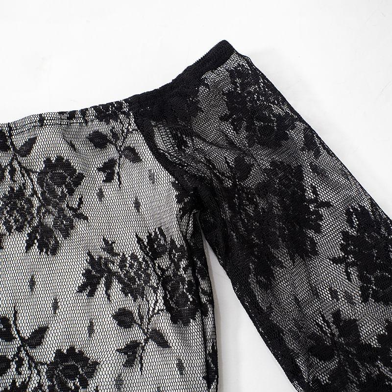 Long-Sleeve Off-Shoulder Lace Mini Bodycon Dress Product Image