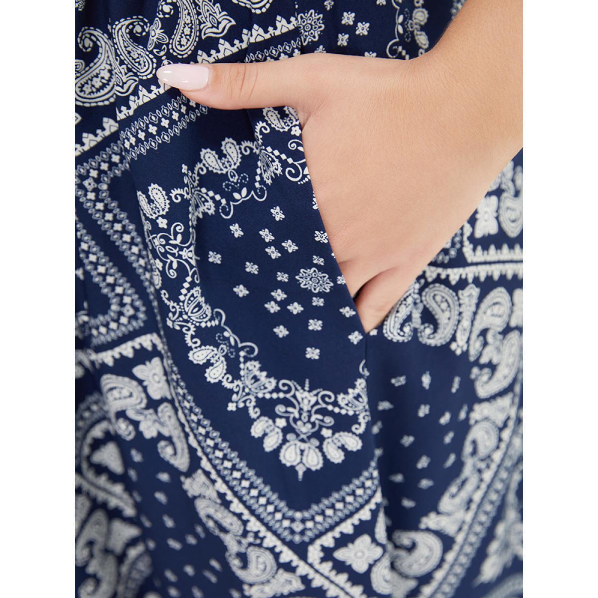 Plus Size Paisley & Moroccan Print Pocket Shirred Square Neck Split Dress DarkBlue Women Vacation Slit One-shoulder neck Short sleeve Curvy Midi Dress BloomChic 22-24/3X Product Image