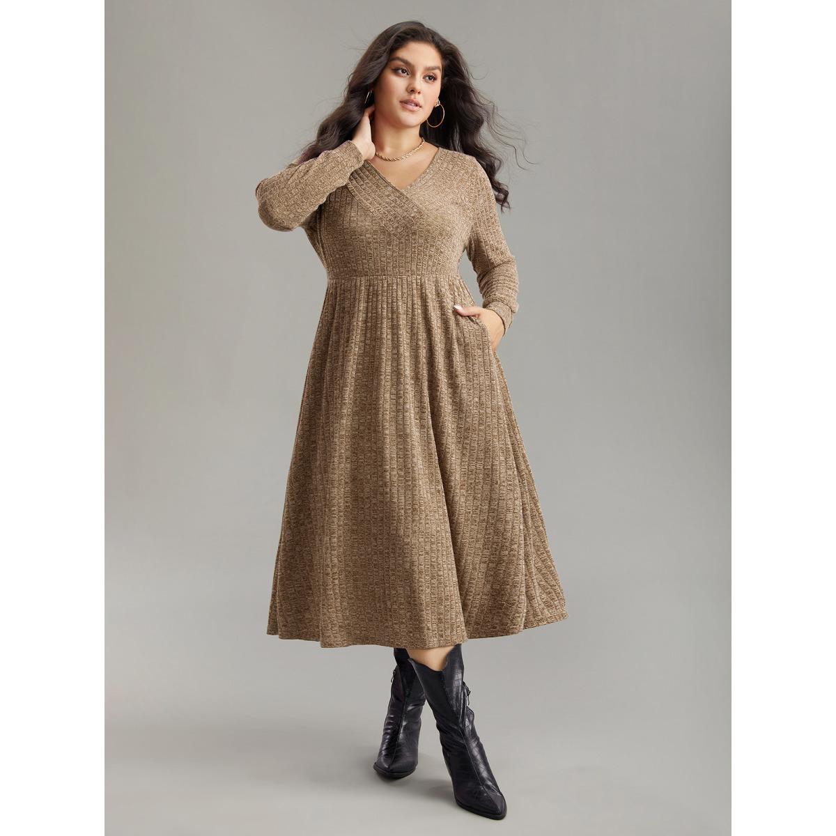 Plus Size Rib Knit Plain Plisse Long Sleeve Dress Yellowishbrown Women Casual Rib Knit V-neck Long Sleeve Curvy Midi Dress BloomChic 28/5X Product Image