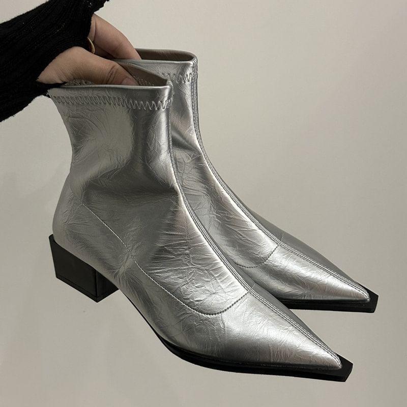 Pointed Toe Faux Leather Chunky Heel Short Boots Product Image