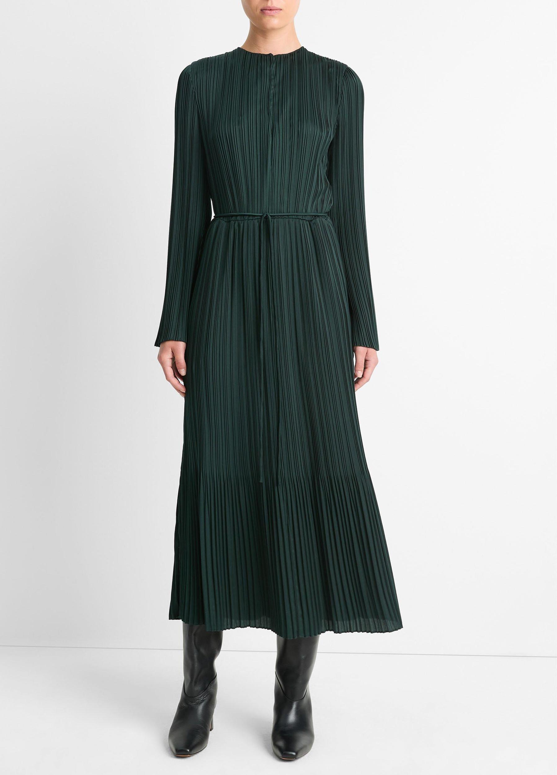 Pleated Satin Long-Sleeve Dress Product Image