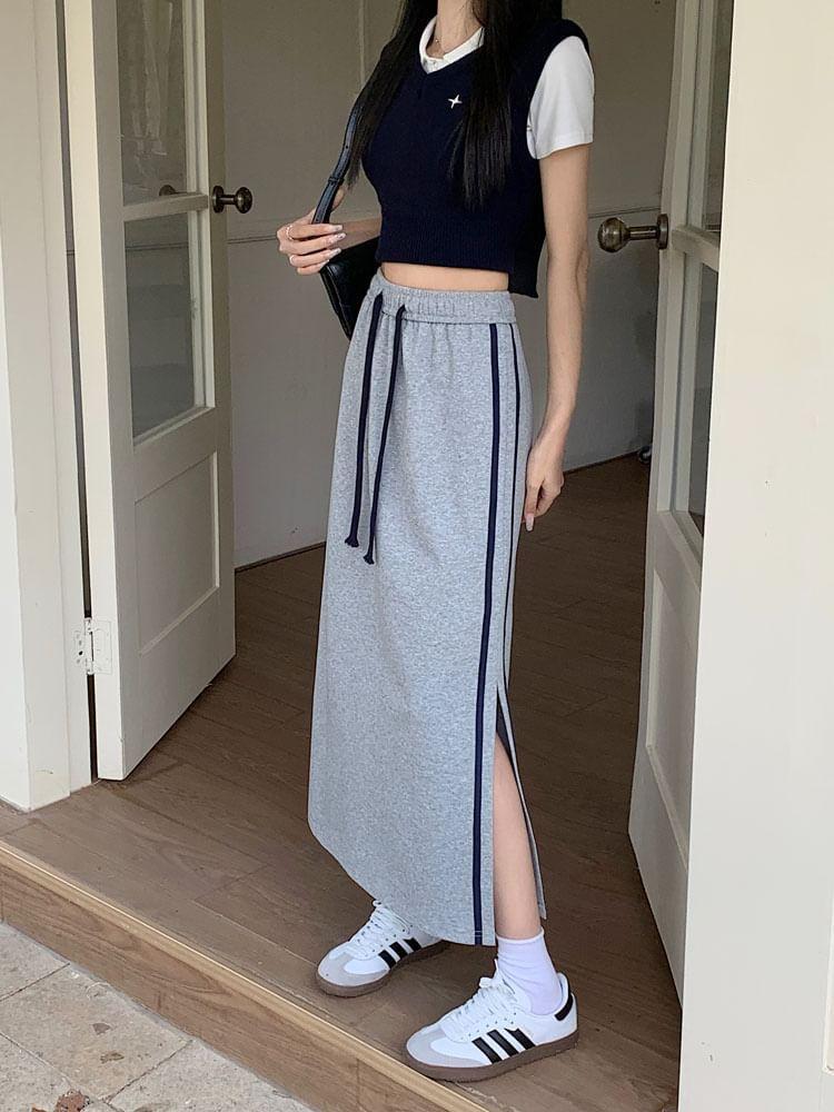 High Waist Striped Midi A-Line Skirt Product Image