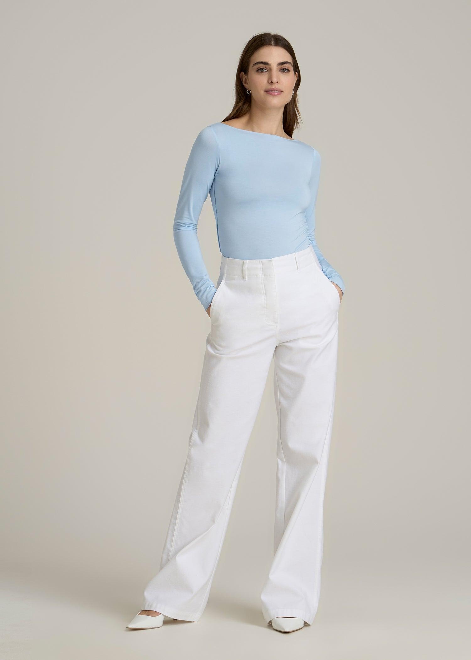 Boatneck Long Sleeve Exposed Seam Top for Tall Women in Ice Blue Product Image