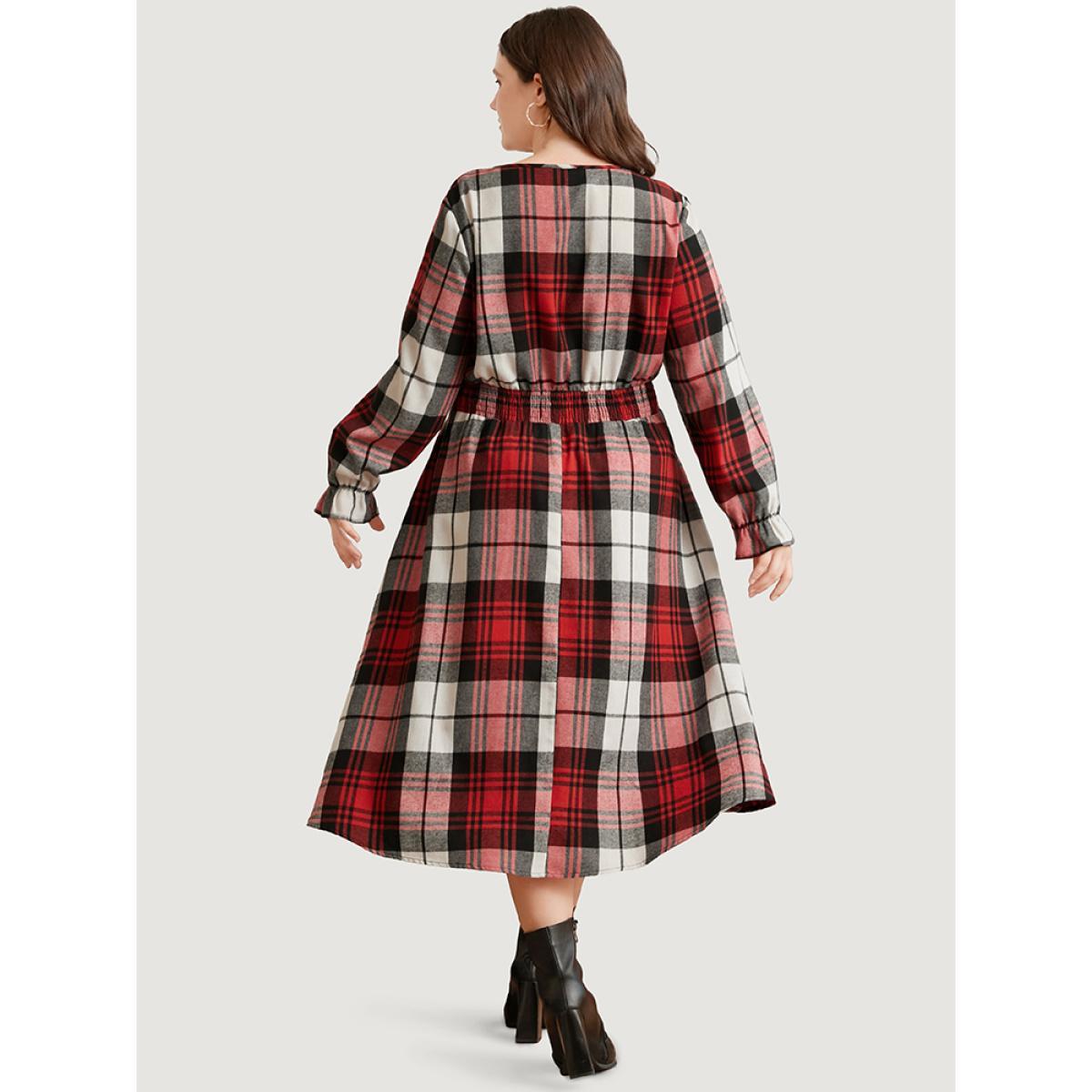 Plus Size Plaid Shirred Pocket Lantern Sleeve Wrap Midi Dress Without Belt Scarlet Women Elegant Wrap Overlap Collar Long Sleeve Curvy Midi Dress BloomChic 10/M Product Image