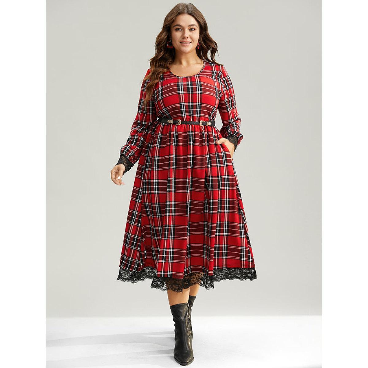 Plus Size Plaid Guipure Lace Elastic Waist Gathered Dress Raspberry Women Casual Printed Round Neck Long Sleeve Curvy Midi Dress BloomChic 18-20/2X Product Image