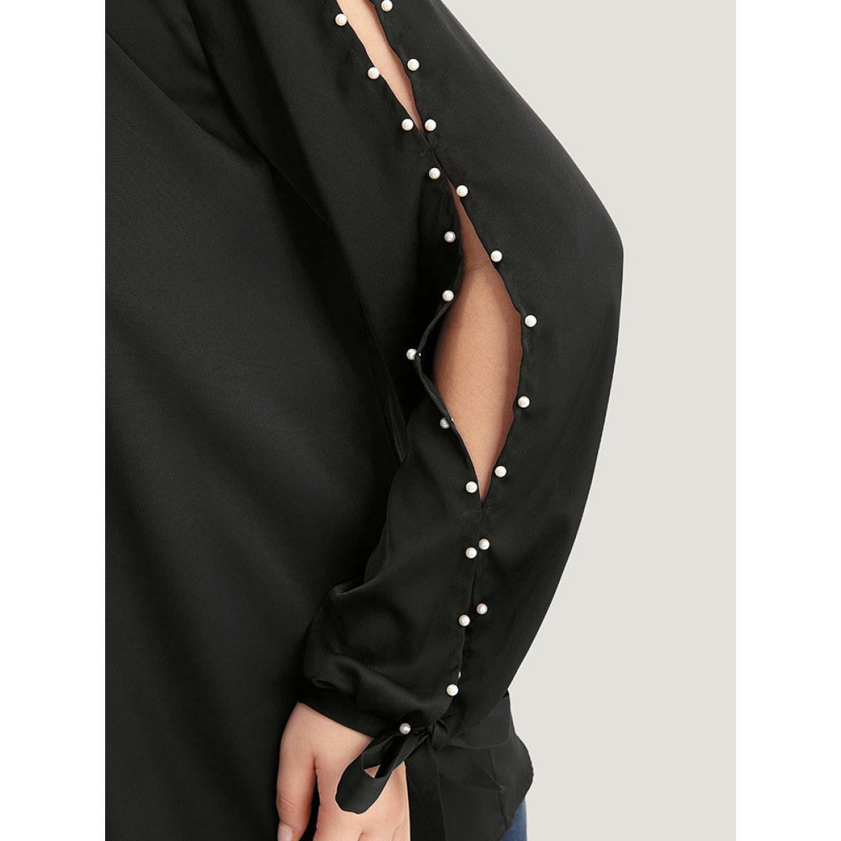Plus Size Black Anti-Wrinkle Pearl Beaded Ties Cut Out Blouse Women Office Long Sleeve Halter neck Work Blouses BloomChic 22-24/3X Product Image